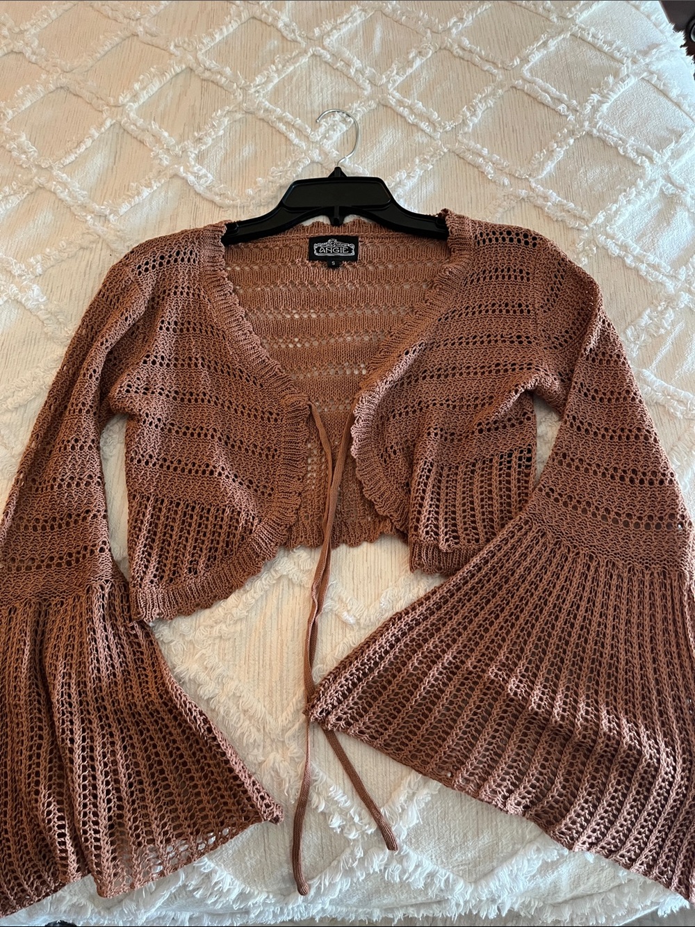 Angie Dusty Rose Cropped Tie-Front Open-Knit Cardigan